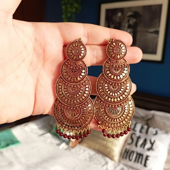 ✨FREE WITH PURCHASE✨  Ethnic Maroon Chandelier Earrings - Picture 2 of 5